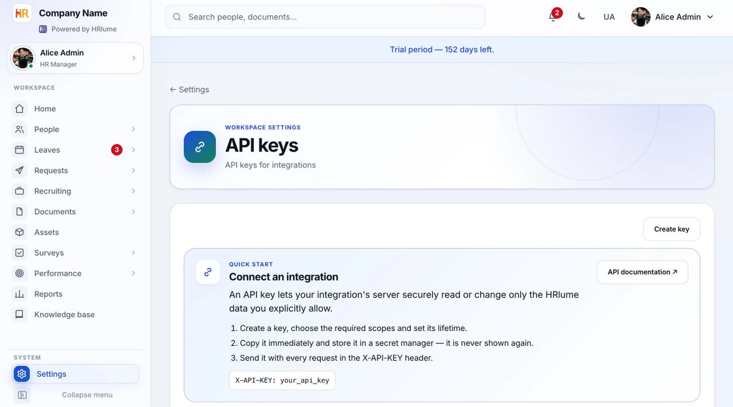 HRlume API key settings