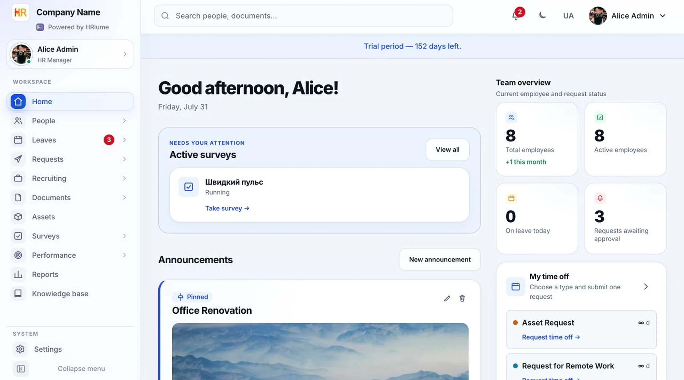 HRlume dashboard — announcements, headcount stats and team mood at a glance