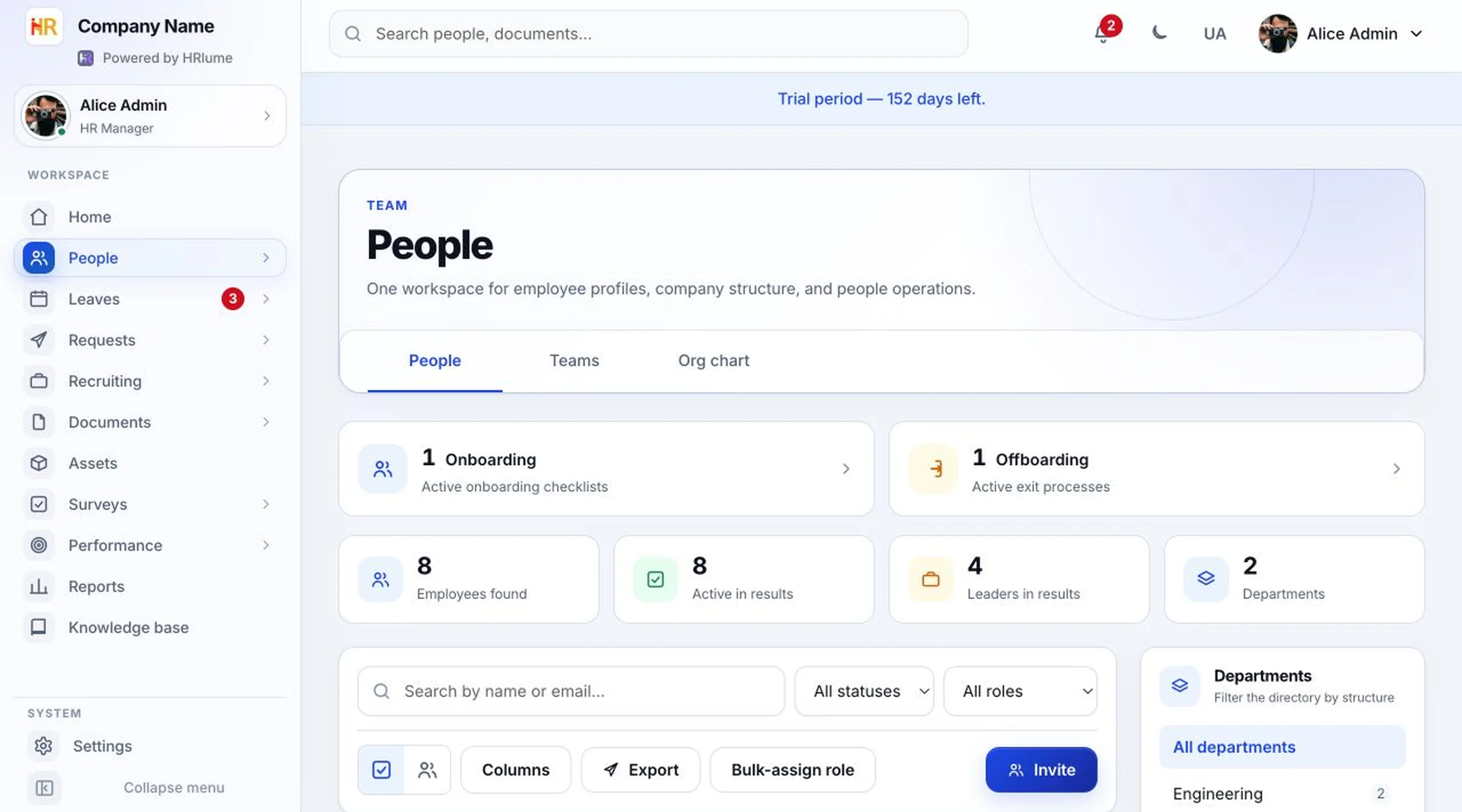 HRlume employee directory — team members grouped by department