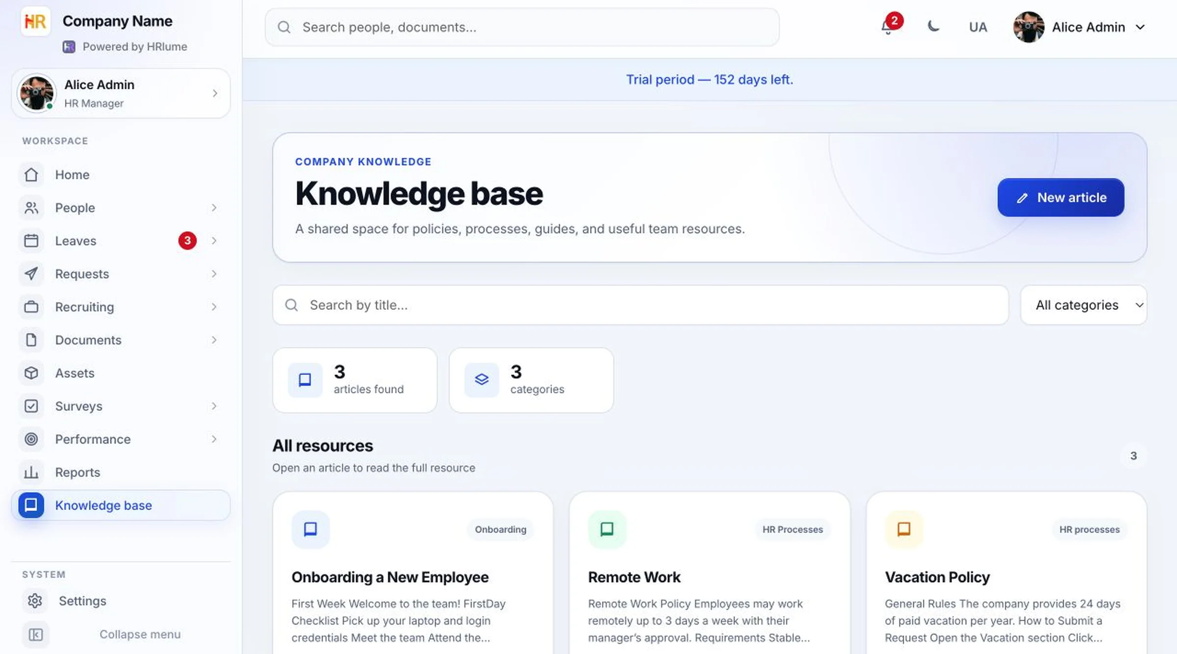 HRlume searchable company knowledge base with categories and articles