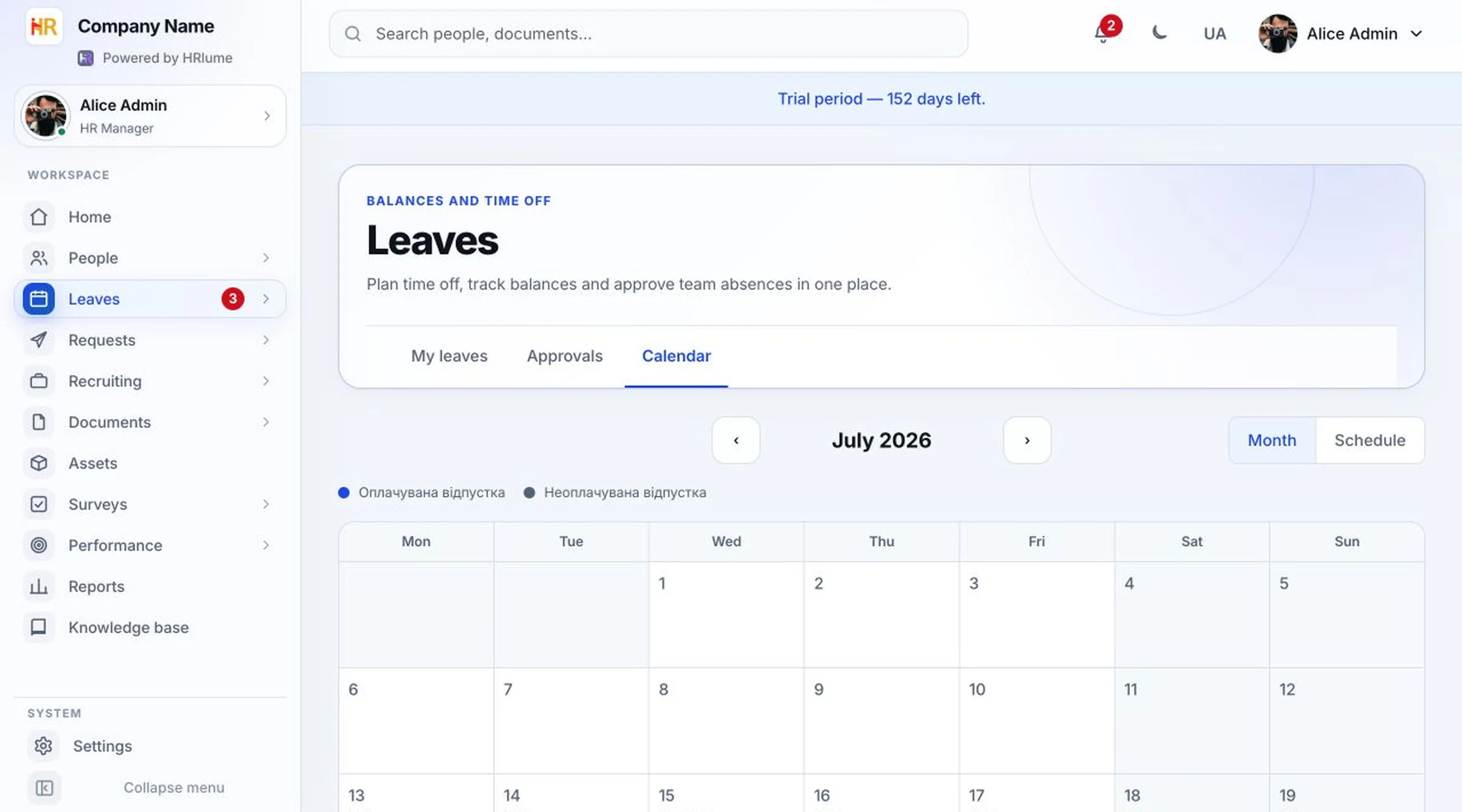 HRlume leave calendar showing team time off across the month