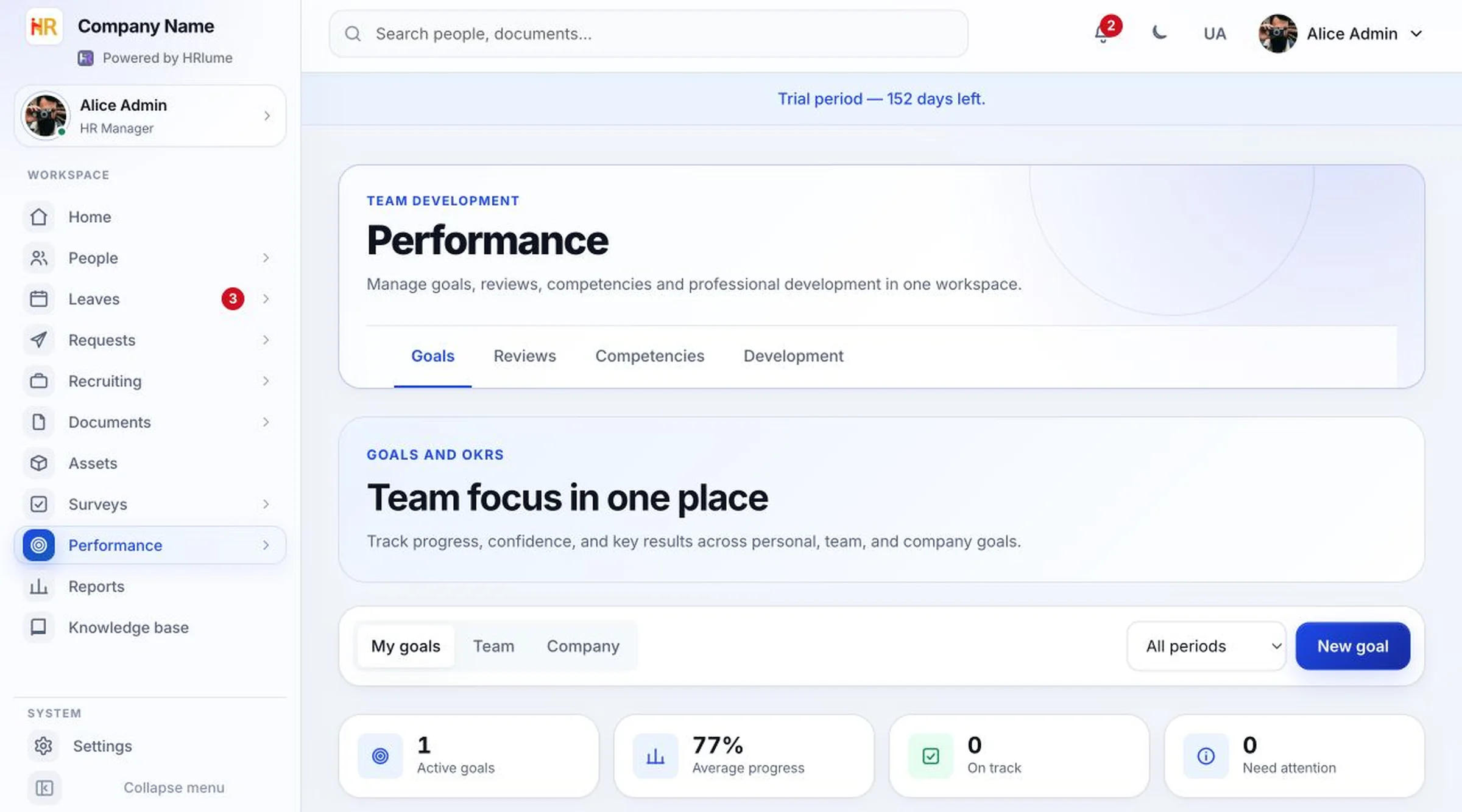 HRlume performance workspace with goals, progress and attention indicators