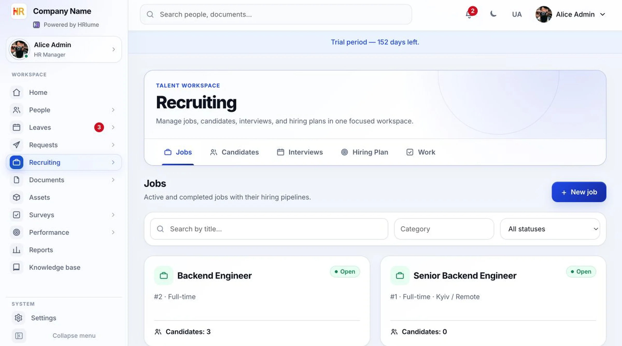 HRlume job postings — open roles and their hiring pipelines