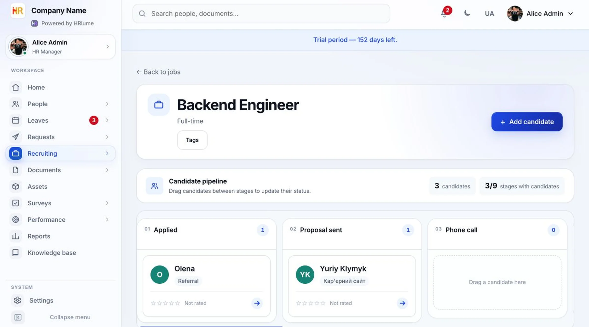 HRlume recruiting — visual candidate pipeline for an open vacancy