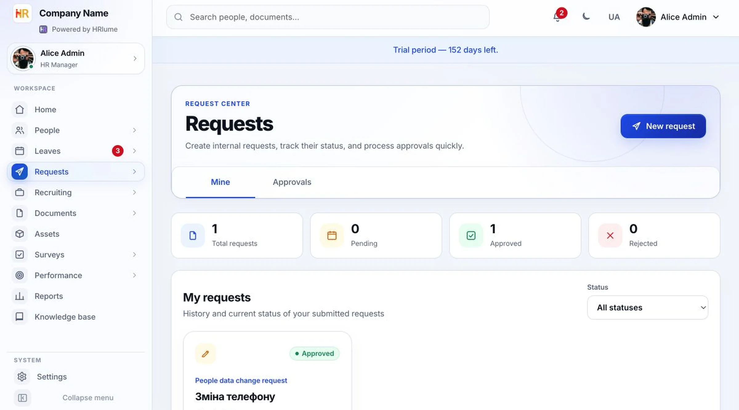 HRlume employee requests workspace