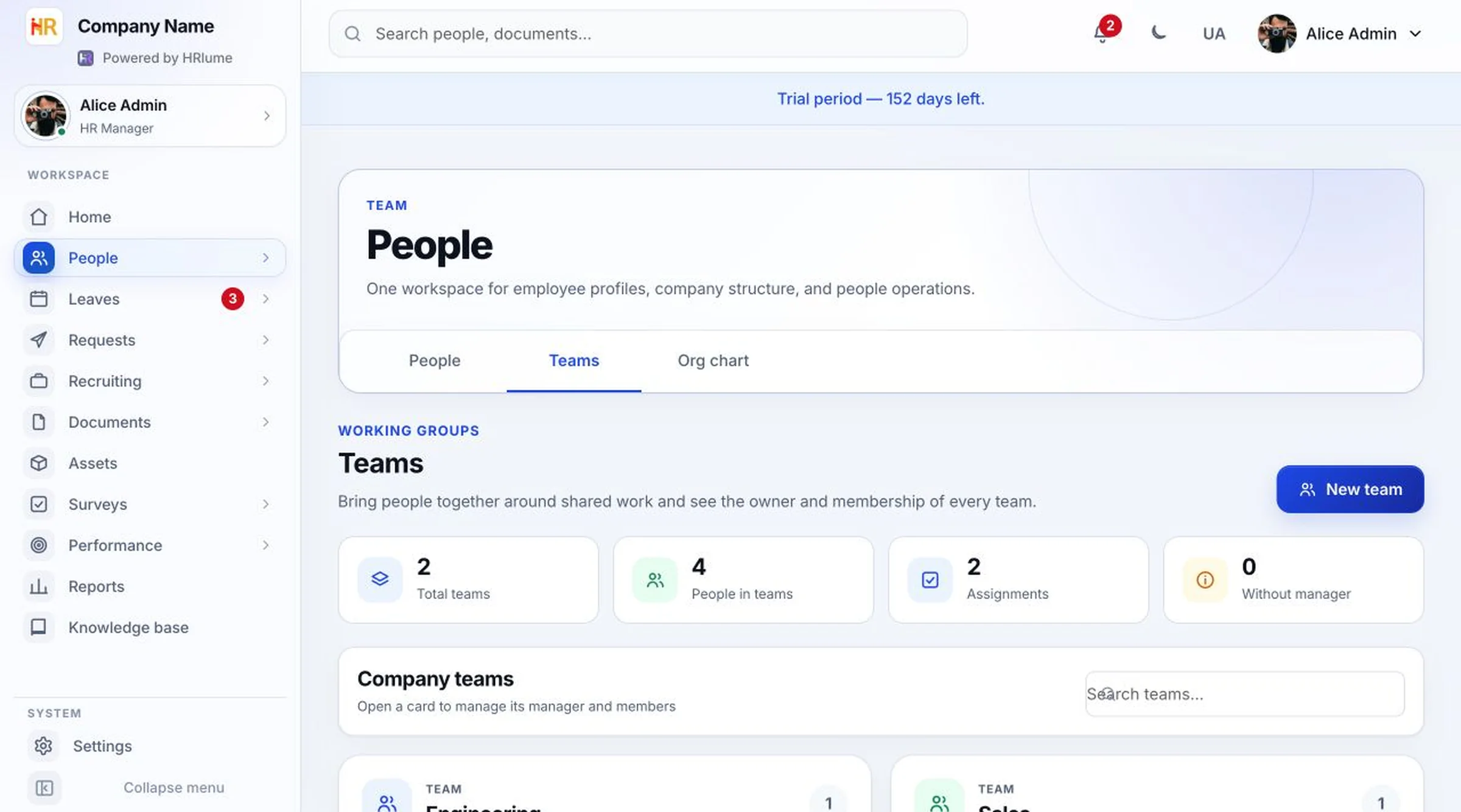 HRlume teams — lightweight employee groups separate from the department hierarchy
